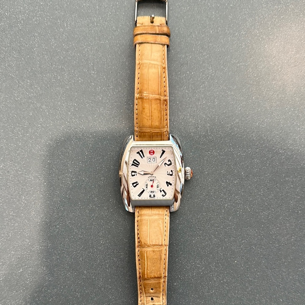 Michele Silver Case Watch with Tan Leather Strap